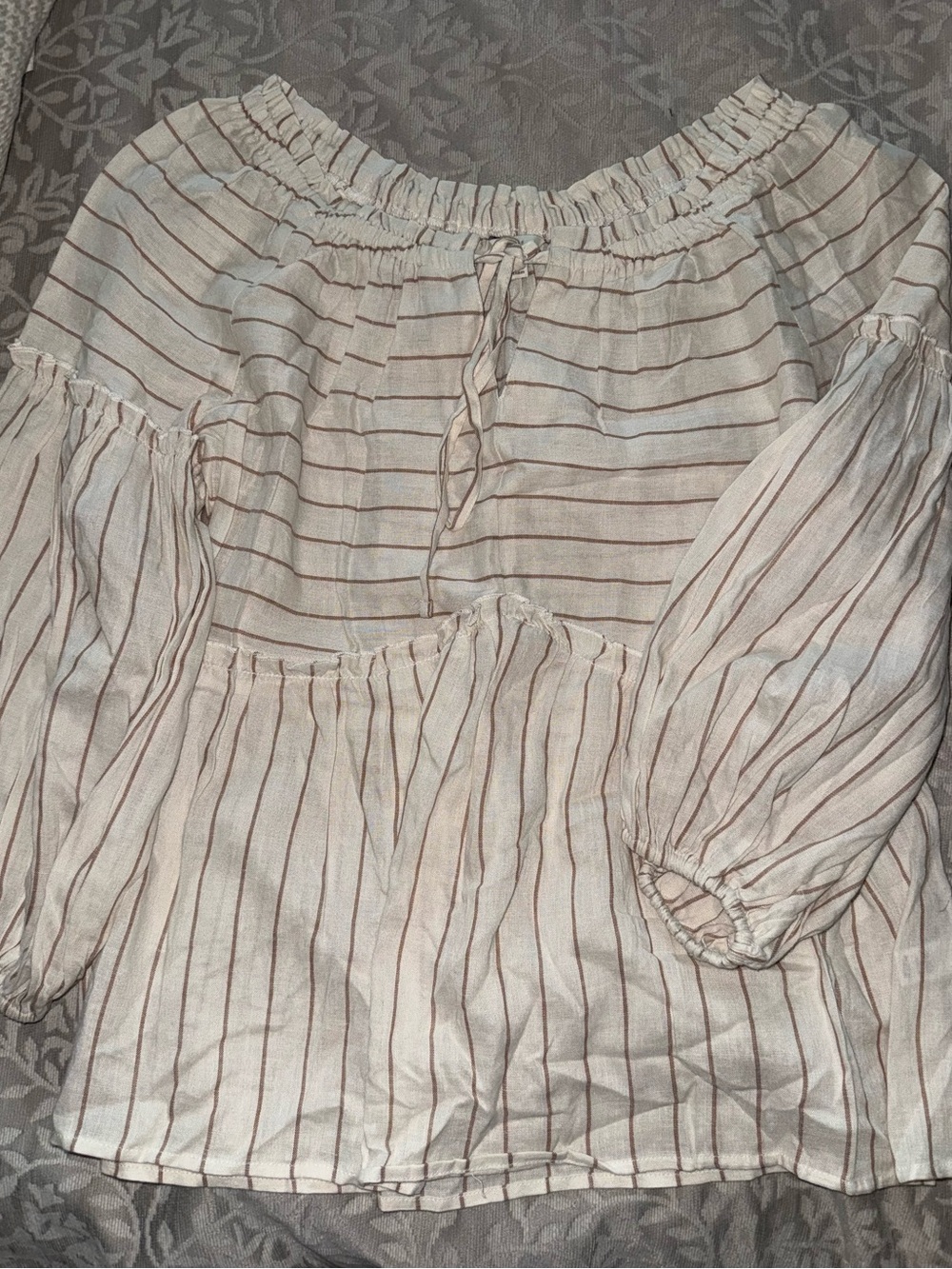 Striped Off-Shoulder Peasant Blouse in Cream and Rust